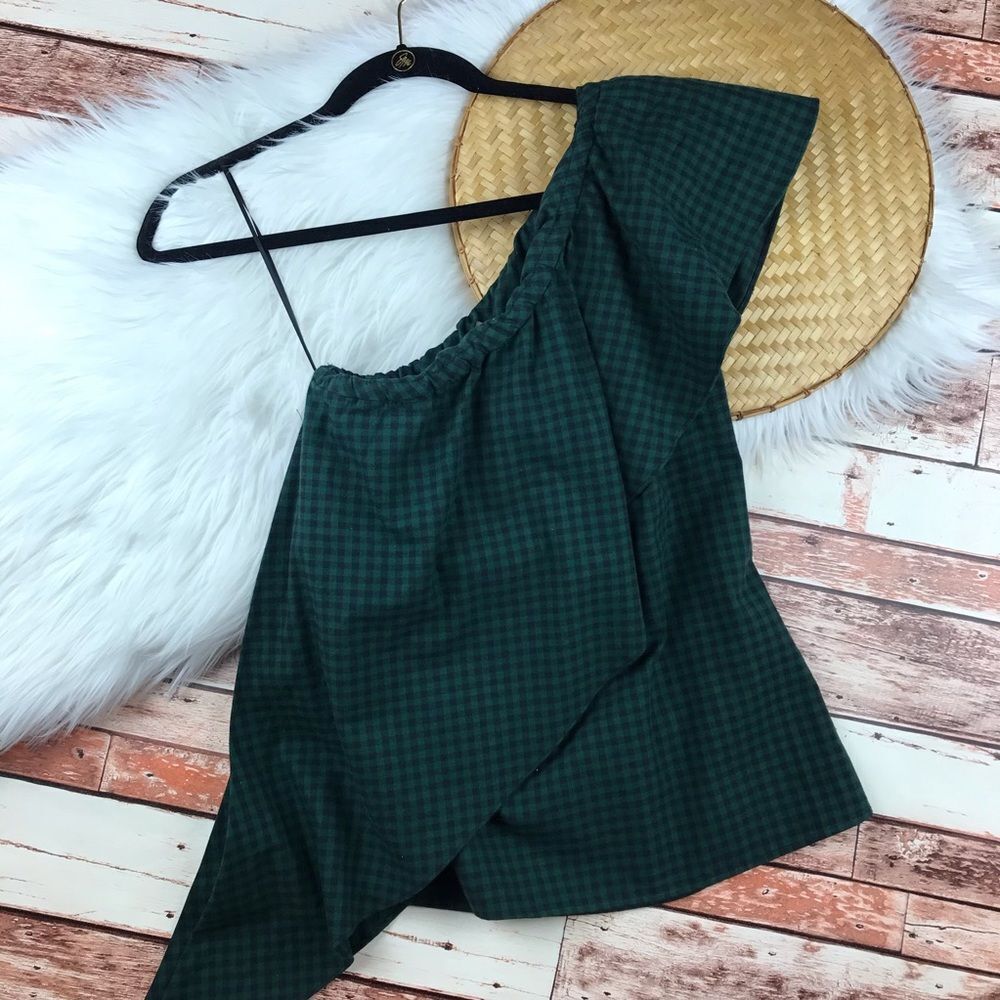 Petersyn green gingham plaid one‎ shoulder top